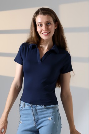 Relax Fit Rahat Kesim Pamuklu Ribana Gömlek Yaka Kısa Kol Basic Kadın Tshirt 22023 LACİVERT
