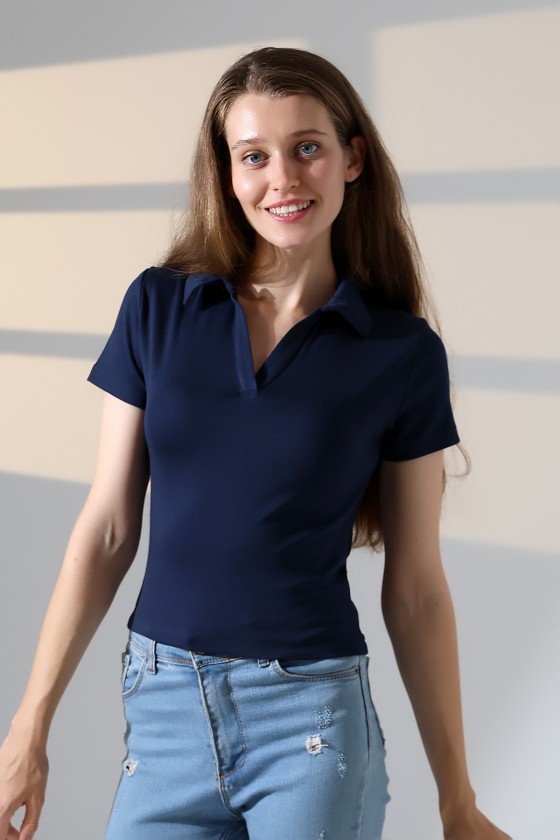 Relax Fit Rahat Kesim Pamuklu Ribana Gömlek Yaka Kısa Kol Basic Kadın Tshirt 22023 LACİVERT