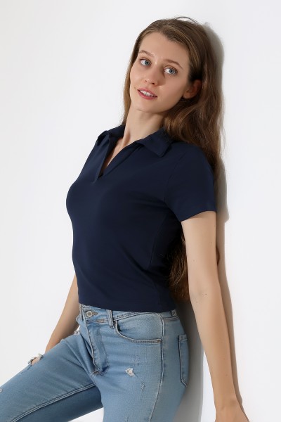 Relax Fit Rahat Kesim Pamuklu Ribana Gömlek Yaka Kısa Kol Basic Kadın Tshirt 22023 LACİVERT