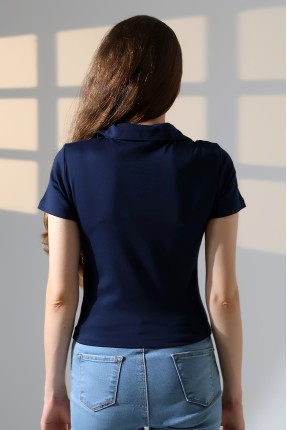 Relax Fit Rahat Kesim Pamuklu Ribana Gömlek Yaka Kısa Kol Basic Kadın Tshirt 22023 LACİVERT