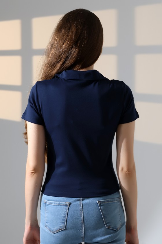 Relax Fit Rahat Kesim Pamuklu Ribana Gömlek Yaka Kısa Kol Basic Kadın Tshirt 22023 LACİVERT