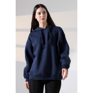 Relax Rahat Kesim Kapşonlu Salaş Oversize Kolları Geniş Basic Kadın Sweatshirt 21966 LACİVERT