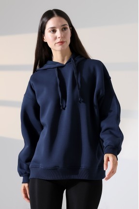 Relax Rahat Kesim Kapşonlu Salaş Oversize Kolları Geniş Basic Kadın Sweatshirt 21966 LACİVERT
