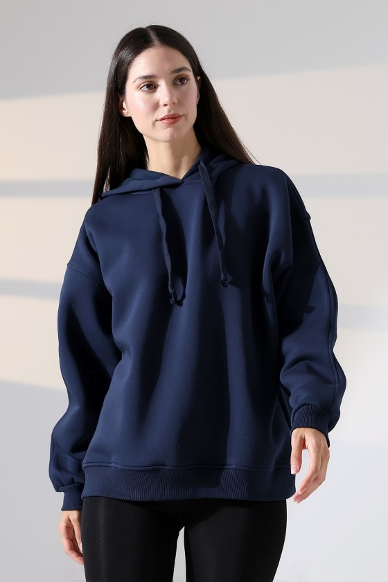 Relax Rahat Kesim Kapşonlu Salaş Oversize Kolları Geniş Basic Kadın Sweatshirt 21966 LACİVERT