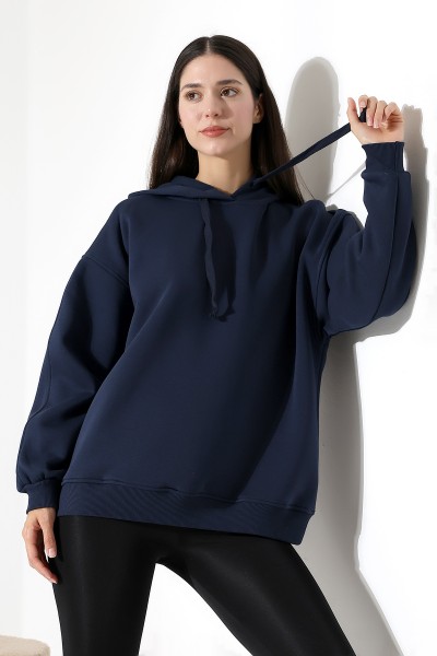 Relax Rahat Kesim Kapşonlu Salaş Oversize Kolları Geniş Basic Kadın Sweatshirt 21966 LACİVERT