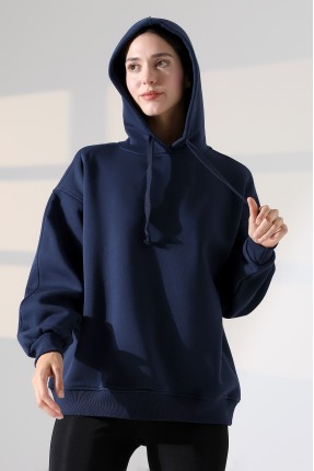 Relax Rahat Kesim Kapşonlu Salaş Oversize Kolları Geniş Basic Kadın Sweatshirt 21966 LACİVERT