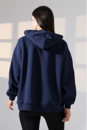Relax Rahat Kesim Kapşonlu Salaş Oversize Kolları Geniş Basic Kadın Sweatshirt 21966 LACİVERT