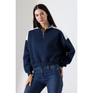 Relax Kesim Yarım Fermuarlı Dik Gömlek Yaka Kolları Geniş Yanları Parçalı Kadın Sweatshirt 21963 LACİVERT