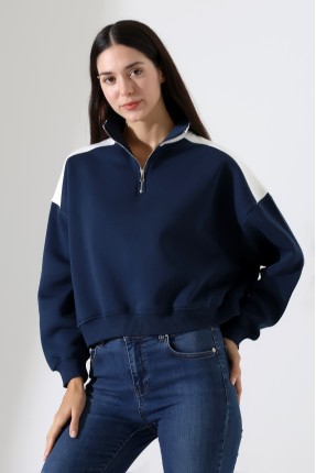 Relax Kesim Yarım Fermuarlı Dik Gömlek Yaka Kolları Geniş Yanları Parçalı Kadın Sweatshirt 21963 LACİVERT