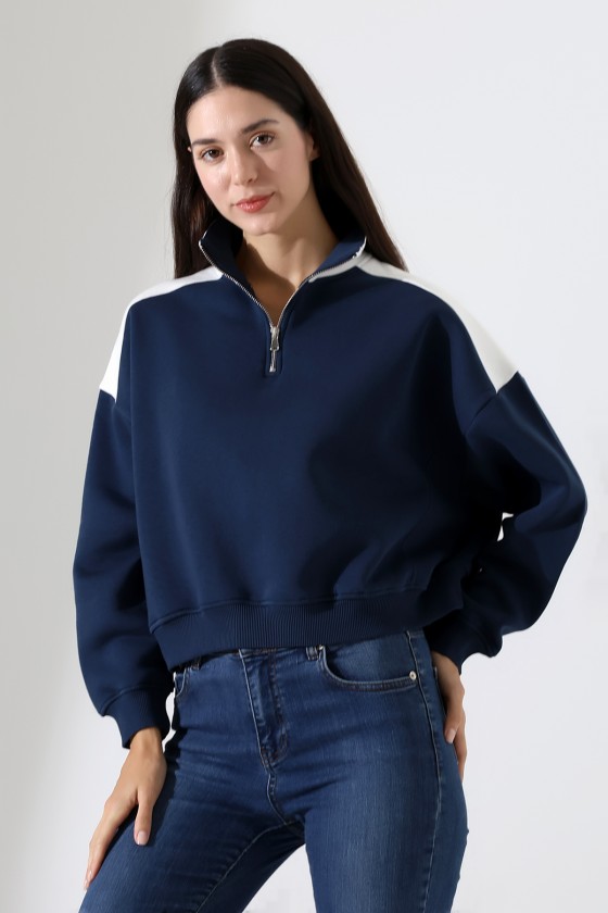 Relax Kesim Yarım Fermuarlı Dik Gömlek Yaka Kolları Geniş Yanları Parçalı Kadın Sweatshirt 21963 LACİVERT