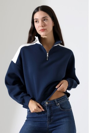 Relax Kesim Yarım Fermuarlı Dik Gömlek Yaka Kolları Geniş Yanları Parçalı Kadın Sweatshirt 21963 LACİVERT