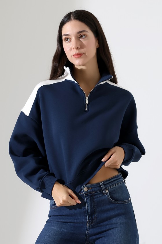 Relax Kesim Yarım Fermuarlı Dik Gömlek Yaka Kolları Geniş Yanları Parçalı Kadın Sweatshirt 21963 LACİVERT