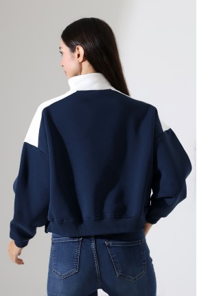 Relax Kesim Yarım Fermuarlı Dik Gömlek Yaka Kolları Geniş Yanları Parçalı Kadın Sweatshirt 21963 LACİVERT