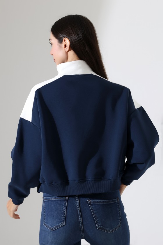 Relax Kesim Yarım Fermuarlı Dik Gömlek Yaka Kolları Geniş Yanları Parçalı Kadın Sweatshirt 21963 LACİVERT