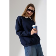 Relax Rahat Salaş Geniş Kesim Gömlek Yaka Pamuklu Kadın Sweatshirt 21985 LACİVERT