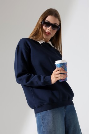 Relax Rahat Salaş Geniş Kesim Gömlek Yaka Pamuklu Kadın Sweatshirt 21985 LACİVERT