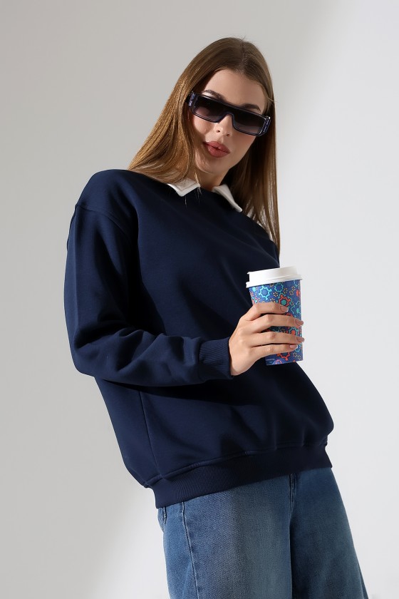 Relax Rahat Salaş Geniş Kesim Gömlek Yaka Pamuklu Kadın Sweatshirt 21985 LACİVERT