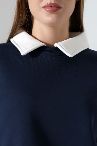 Relax Rahat Salaş Geniş Kesim Gömlek Yaka Pamuklu Kadın Sweatshirt 21985 LACİVERT