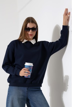 Relax Rahat Salaş Geniş Kesim Gömlek Yaka Pamuklu Kadın Sweatshirt 21985 LACİVERT