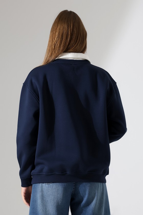 Relax Rahat Salaş Geniş Kesim Gömlek Yaka Pamuklu Kadın Sweatshirt 21985 LACİVERT