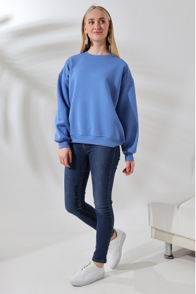 Şardonlu Omuz Detaylı Bisiklet Yaka Oversize Sweatshirt 21616 MAVİ