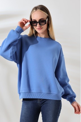 Şardonlu Omuz Detaylı Bisiklet Yaka Oversize Sweatshirt 21616 MAVİ