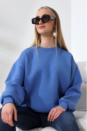 Şardonlu Omuz Detaylı Bisiklet Yaka Oversize Sweatshirt 21616 MAVİ