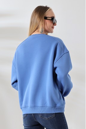 Şardonlu Omuz Detaylı Bisiklet Yaka Oversize Sweatshirt 21616 MAVİ