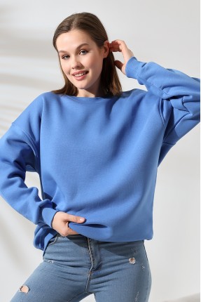 Şardonlu Bisiklet Yaka Oversize Sweatshirt 21620 MAVİ