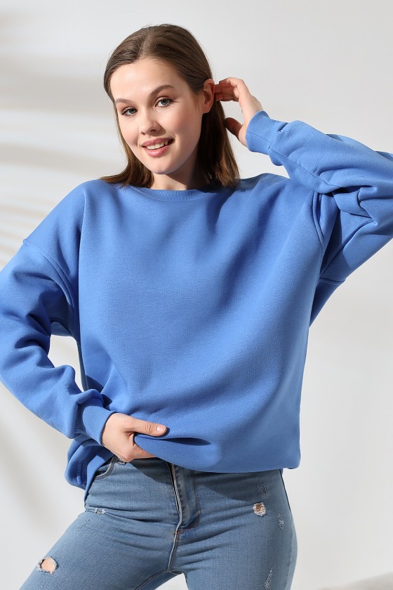 Şardonlu Bisiklet Yaka Oversize Sweatshirt 21620 MAVİ