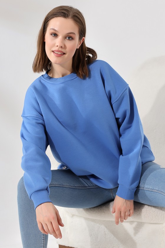 Şardonlu Bisiklet Yaka Oversize Sweatshirt 21620 MAVİ