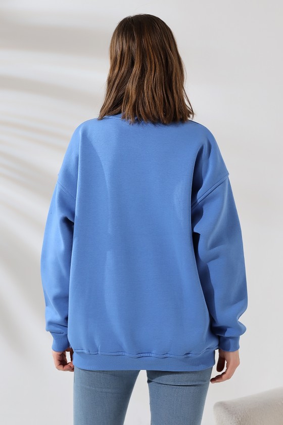 Şardonlu Bisiklet Yaka Oversize Sweatshirt 21620 MAVİ