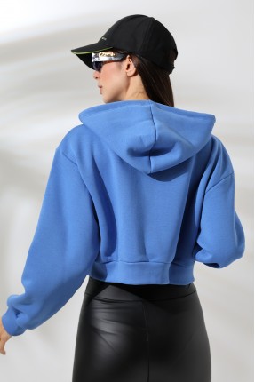 Kapüşonlu Şardonlu Crop Geniş Kalıp Sweatshirt 21653 MAVİ