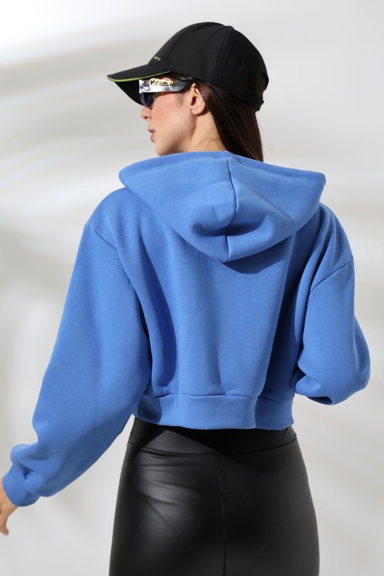 Kapüşonlu Şardonlu Crop Geniş Kalıp Sweatshirt 21653 MAVİ