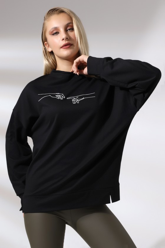 Nakışlı Yırtmaçlı Uzun Sweatshirt 21173 SİYAH