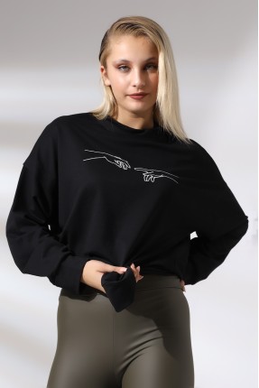 Nakışlı Yırtmaçlı Uzun Sweatshirt 21173 SİYAH