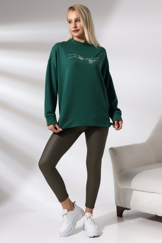 Nakışlı Yırtmaçlı Uzun Sweatshirt 21173 KOYU YEŞİL