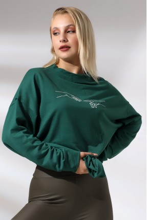 Nakışlı Yırtmaçlı Uzun Sweatshirt 21173 KOYU YEŞİL