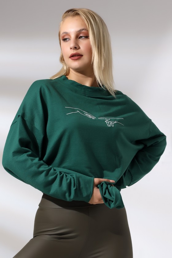 Nakışlı Yırtmaçlı Uzun Sweatshirt 21173 KOYU YEŞİL