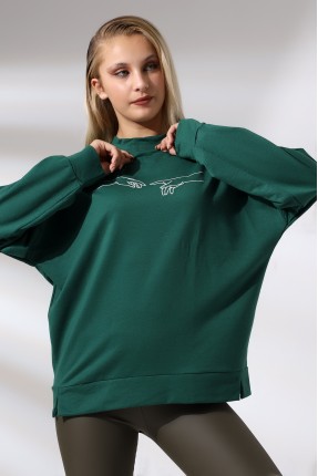 Nakışlı Yırtmaçlı Uzun Sweatshirt 21173 KOYU YEŞİL