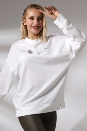 Nakışlı Yırtmaçlı Uzun Sweatshirt 21173 EKRU