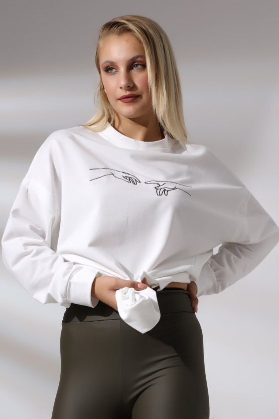 Nakışlı Yırtmaçlı Uzun Sweatshirt 21173 EKRU