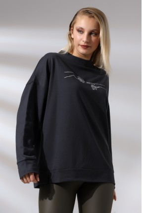 Nakışlı Yırtmaçlı Uzun Sweatshirt 21173 FÜME