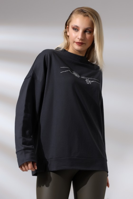 Nakışlı Yırtmaçlı Uzun Sweatshirt 21173 FÜME