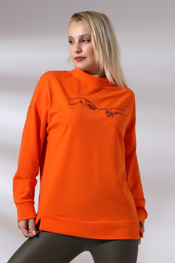 Nakışlı Yırtmaçlı Uzun Sweatshirt 21173 ORANJ