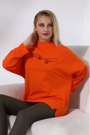 Nakışlı Yırtmaçlı Uzun Sweatshirt 21173 ORANJ