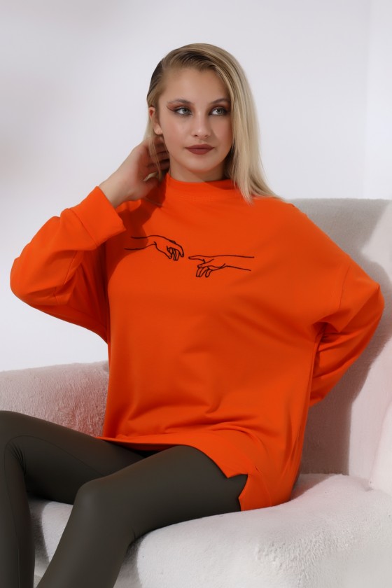 Nakışlı Yırtmaçlı Uzun Sweatshirt 21173 ORANJ