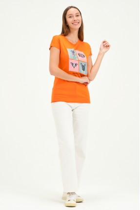 Bisiklet Yaka Kısa Kollu Normal Size Baskılı Basic Kadın T-Shirt 20601 ORANJ