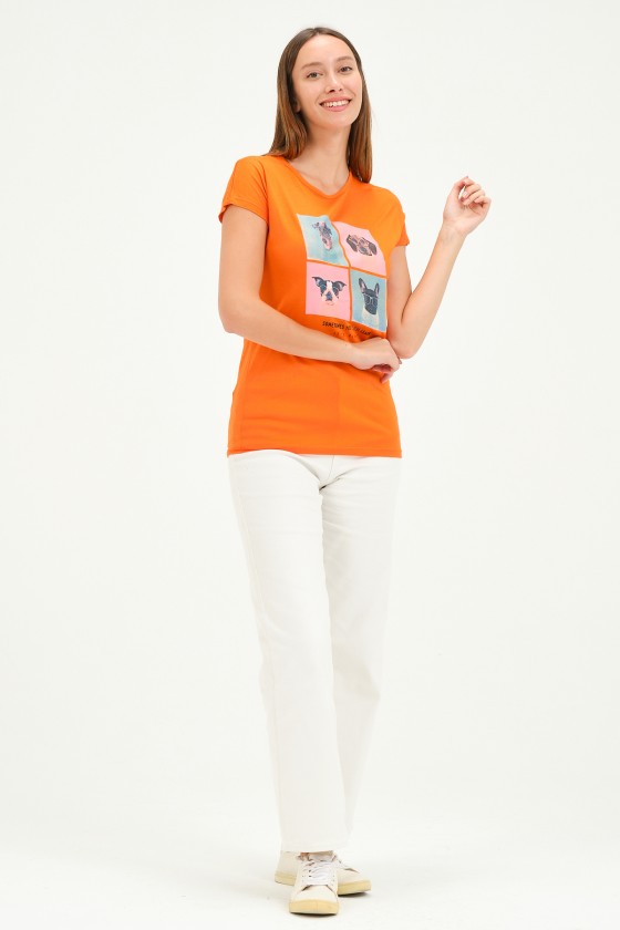 Bisiklet Yaka Kısa Kollu Normal Size Baskılı Basic Kadın T-Shirt 20601 ORANJ