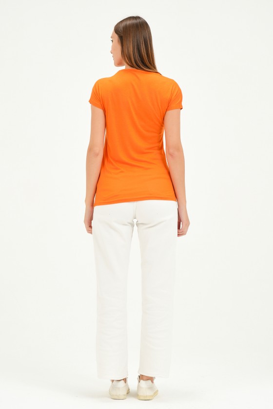 Bisiklet Yaka Kısa Kollu Normal Size Baskılı Basic Kadın T-Shirt 20601 ORANJ